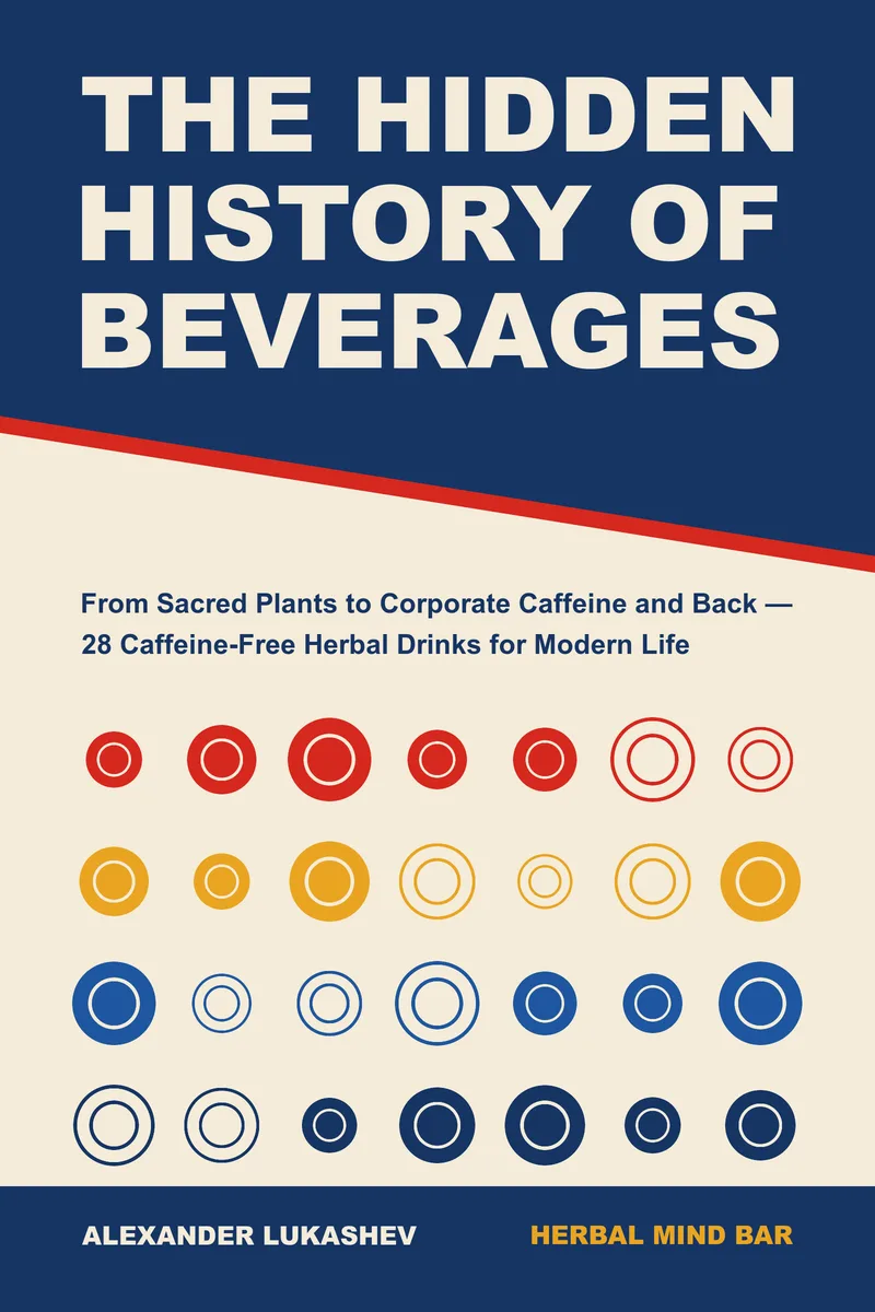 Cover of The Hidden History of Beverages by Alexander Lukashev: 28 coloured discs, one for each recipe; a diagonal through them turns some into outlines